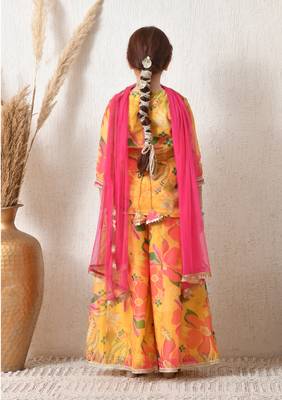 Girls' bright yellow floral printed sharara set with pink dupatta   festive ethnic wear for girls ilksd13 3