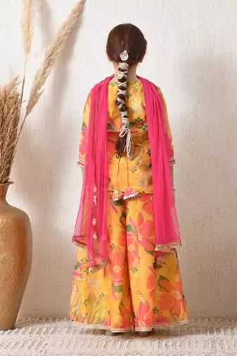 Girls' bright yellow floral printed sharara set with pink dupatta   festive ethnic wear for girls ilksd13