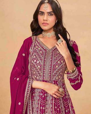Dark pink faux georgette heavy thread embroidery with sequins work salwar kameez 2