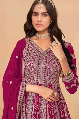 Dark pink faux georgette heavy thread embroidery with sequins work salwar kameez