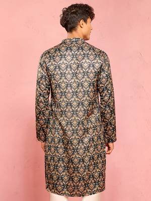 bottle green silk blend kurta | floral digital print with metallic foil accents 5