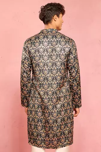 bottle green silk blend kurta | floral digital print with metallic foil accents