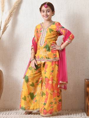 Girls' bright yellow floral printed sharara set with pink dupatta   festive ethnic wear for girls ilksd13 4