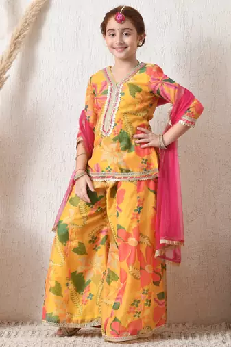 Girls' bright yellow floral printed sharara set with pink dupatta   festive ethnic wear for girls ilksd13