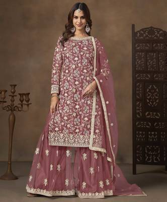 Rose pink net heavy thread embroidery with sequins work palazzo suit 1