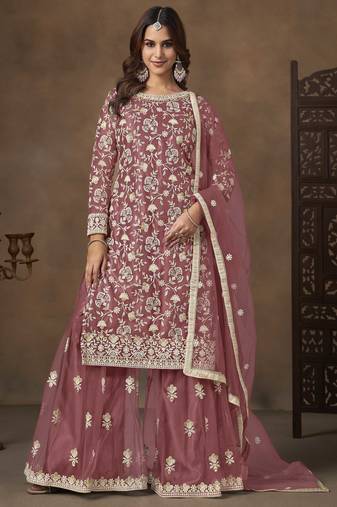 Rose pink net heavy thread embroidery with sequins work palazzo suit