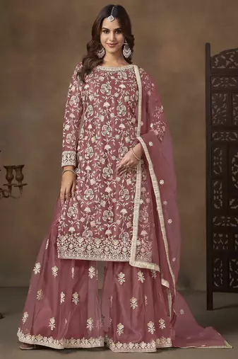 Rose pink net heavy thread embroidery with sequins work palazzo suit