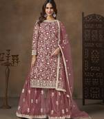 Rose pink net heavy thread embroidery with sequins work palazzo suit