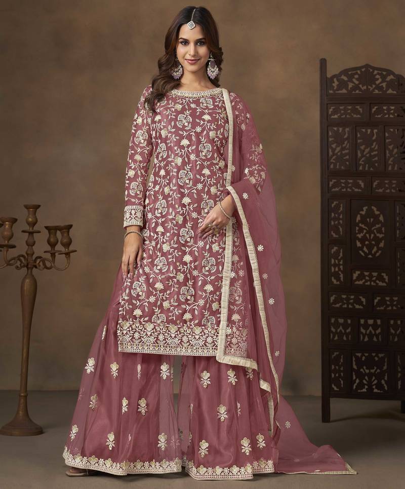 Rose pink net heavy thread embroidery with sequins work palazzo suit