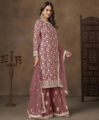 Rose pink net heavy thread embroidery with sequins work palazzo suit 2