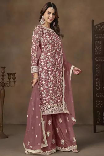 Rose pink net heavy thread embroidery with sequins work palazzo suit