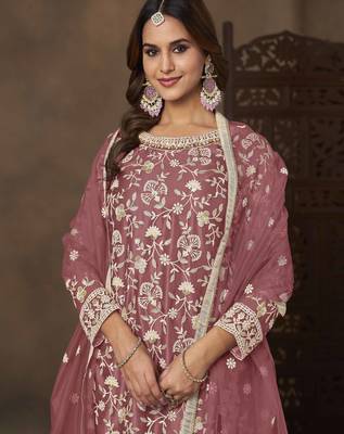 Rose pink net heavy thread embroidery with sequins work palazzo suit 3