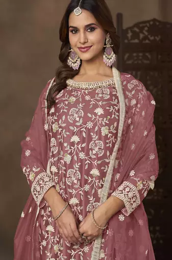 Rose pink net heavy thread embroidery with sequins work palazzo suit