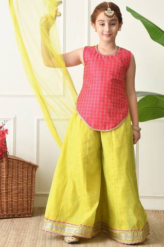 Girls traditional ethnic set     pink sleeveless kurti with lime yellow sharara & dupatta ilksd17