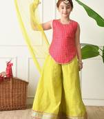 Girls traditional ethnic set     pink sleeveless kurti with lime yellow sharara & dupatta ilksd17