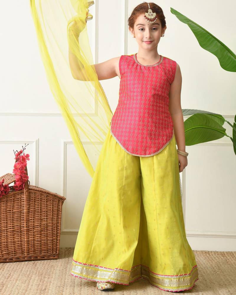 Girls traditional ethnic set     pink sleeveless kurti with lime yellow sharara & dupatta ilksd17