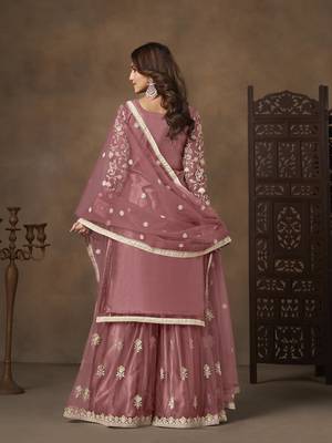 Rose pink net heavy thread embroidery with sequins work palazzo suit 4