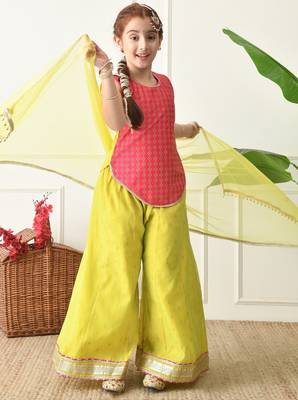 Girls traditional ethnic set     pink sleeveless kurti with lime yellow sharara & dupatta ilksd17 2