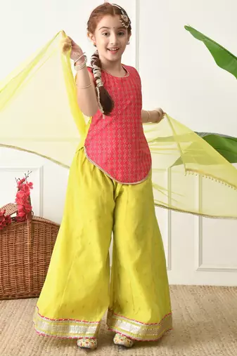 Girls traditional ethnic set     pink sleeveless kurti with lime yellow sharara & dupatta ilksd17
