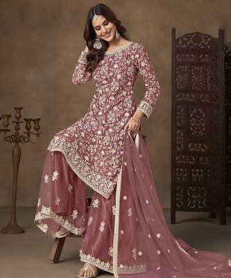 Rose pink net heavy thread embroidery with sequins work palazzo suit 5