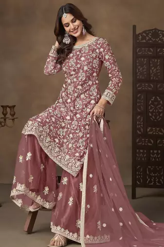 Rose pink net heavy thread embroidery with sequins work palazzo suit