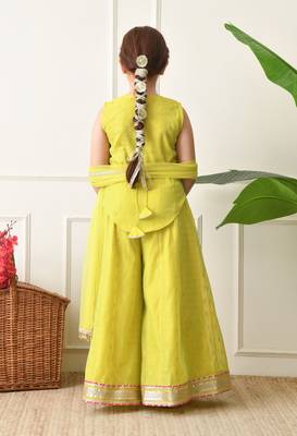Girls traditional ethnic set     pink sleeveless kurti with lime yellow sharara & dupatta ilksd17 3
