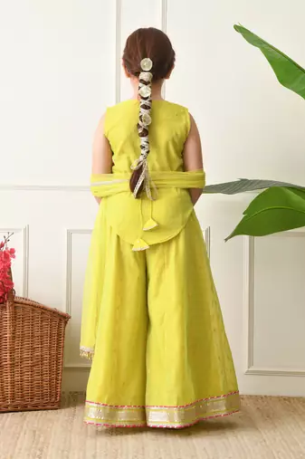 Girls traditional ethnic set     pink sleeveless kurti with lime yellow sharara & dupatta ilksd17