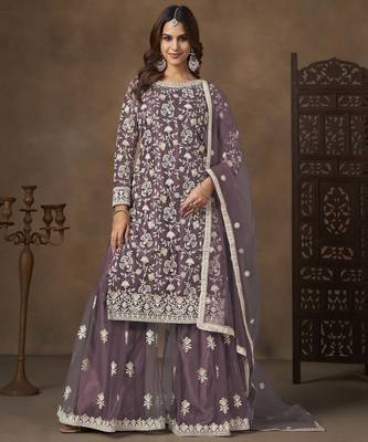 Purple net heavy thread embroidery with sequins work palazzo suit 1