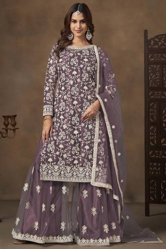 Purple net heavy thread embroidery with sequins work palazzo suit