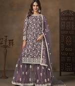 Purple net heavy thread embroidery with sequins work palazzo suit
