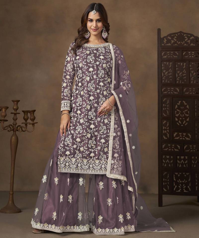 Purple net heavy thread embroidery with sequins work palazzo suit