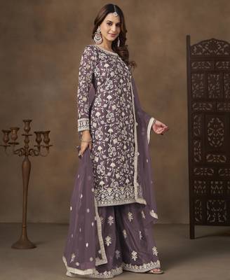 Purple net heavy thread embroidery with sequins work palazzo suit 2