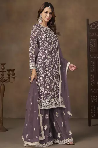 Purple net heavy thread embroidery with sequins work palazzo suit