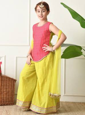 Girls traditional ethnic set     pink sleeveless kurti with lime yellow sharara & dupatta ilksd17 4