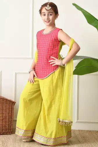 Girls traditional ethnic set     pink sleeveless kurti with lime yellow sharara & dupatta ilksd17