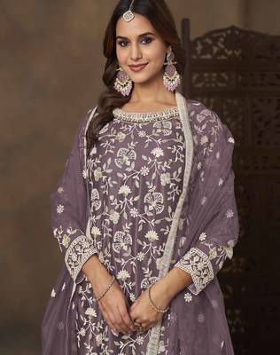 Purple net heavy thread embroidery with sequins work palazzo suit 3