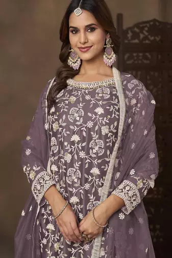 Purple net heavy thread embroidery with sequins work palazzo suit