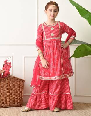 Girls red bandhej print layered sharara set with dupatta     traditional festive wear for girls ilksd21 1