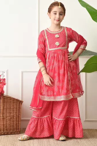 Girls red bandhej print layered sharara set with dupatta     traditional festive wear for girls ilksd21