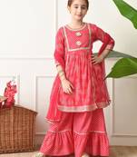 Girls red bandhej print layered sharara set with dupatta     traditional festive wear for girls ilksd21