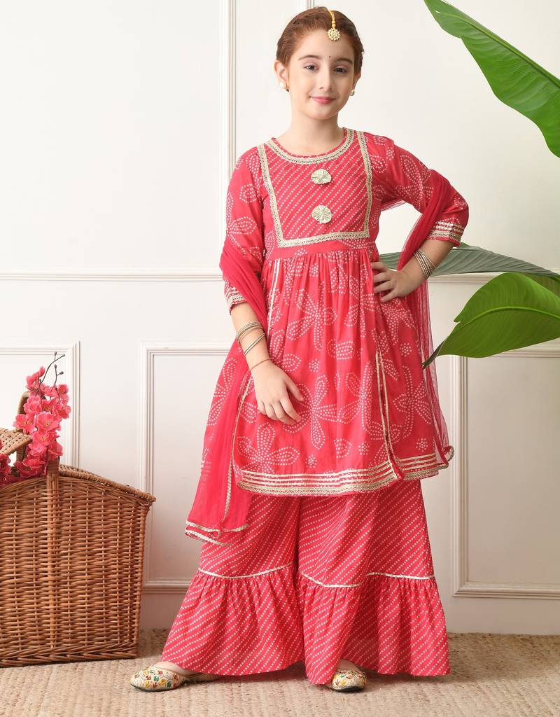Girls red bandhej print layered sharara set with dupatta     traditional festive wear for girls ilksd21