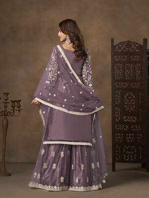 Purple net heavy thread embroidery with sequins work palazzo suit 4