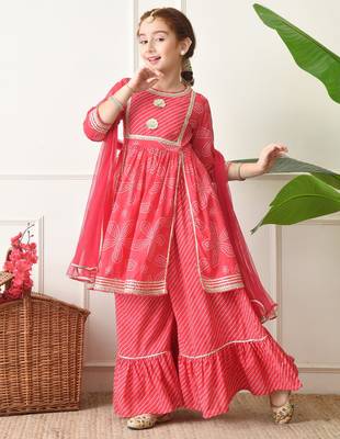 Girls red bandhej print layered sharara set with dupatta     traditional festive wear for girls ilksd21 2