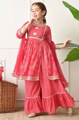 Girls red bandhej print layered sharara set with dupatta     traditional festive wear for girls ilksd21