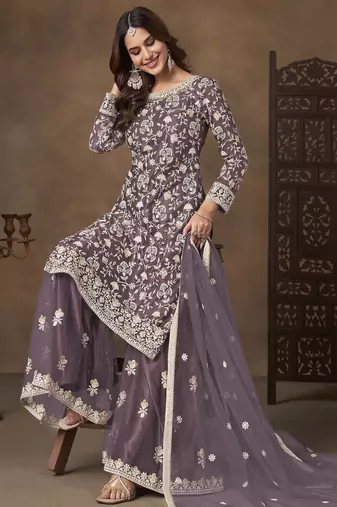Purple net heavy thread embroidery with sequins work palazzo suit