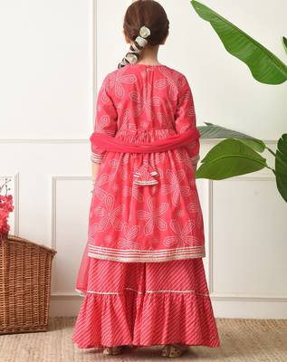 Girls red bandhej print layered sharara set with dupatta     traditional festive wear for girls ilksd21 3