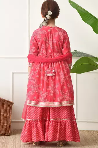 Girls red bandhej print layered sharara set with dupatta     traditional festive wear for girls ilksd21