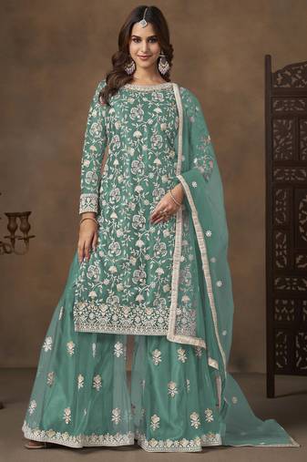 Turquoise net heavy thread embroidery with sequins work palazzo suit