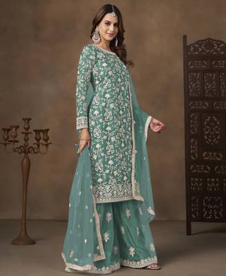 Turquoise net heavy thread embroidery with sequins work palazzo suit 2