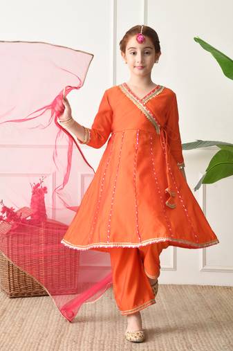 Girls orange angrakha style kurta set with pink dupatta     festive ethnic wear for girls ilksd22
